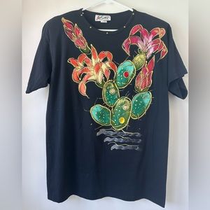 Vtg Art Land Black Cotton Blend Embellished Cactus Floral Long T-Shirt One Size